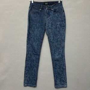 Earl Jean Skinny Slim Straight Jeans 2 Blue Floral Scroll Damask Stretch Denim